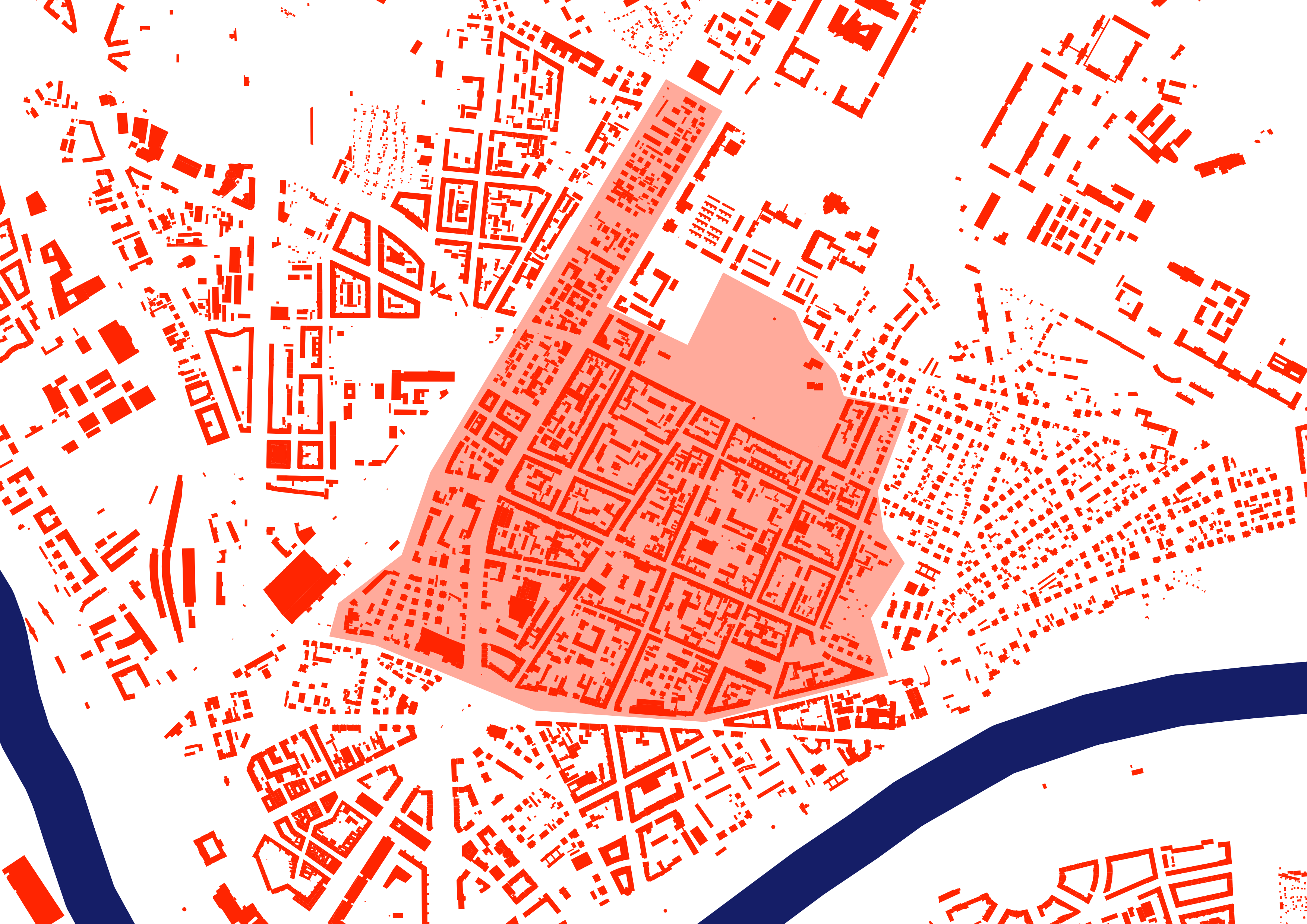 Eine Karte, auf der das Gebiet der Äußeren Neustadt markiert ist. Es wird durch den Bahndamm im Westen, die nördliche Kante des Alaunpark im Norden, die Prießnitz im Osten und die Bautzner Straße im Süden begrenzt.